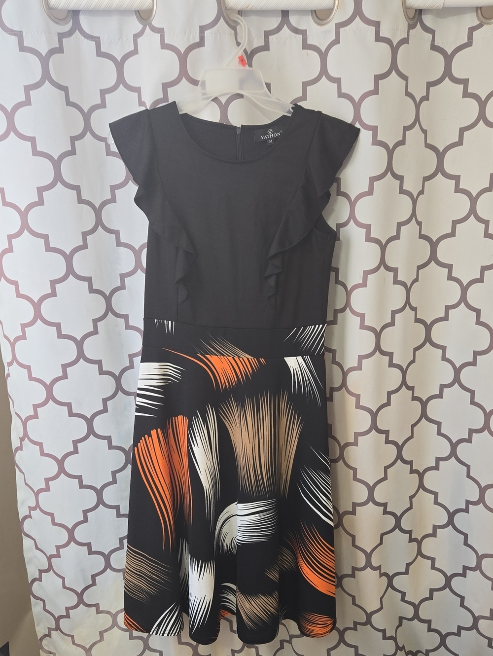 Black Midi Dress with Orange & Cream Brushstroke Skirt
